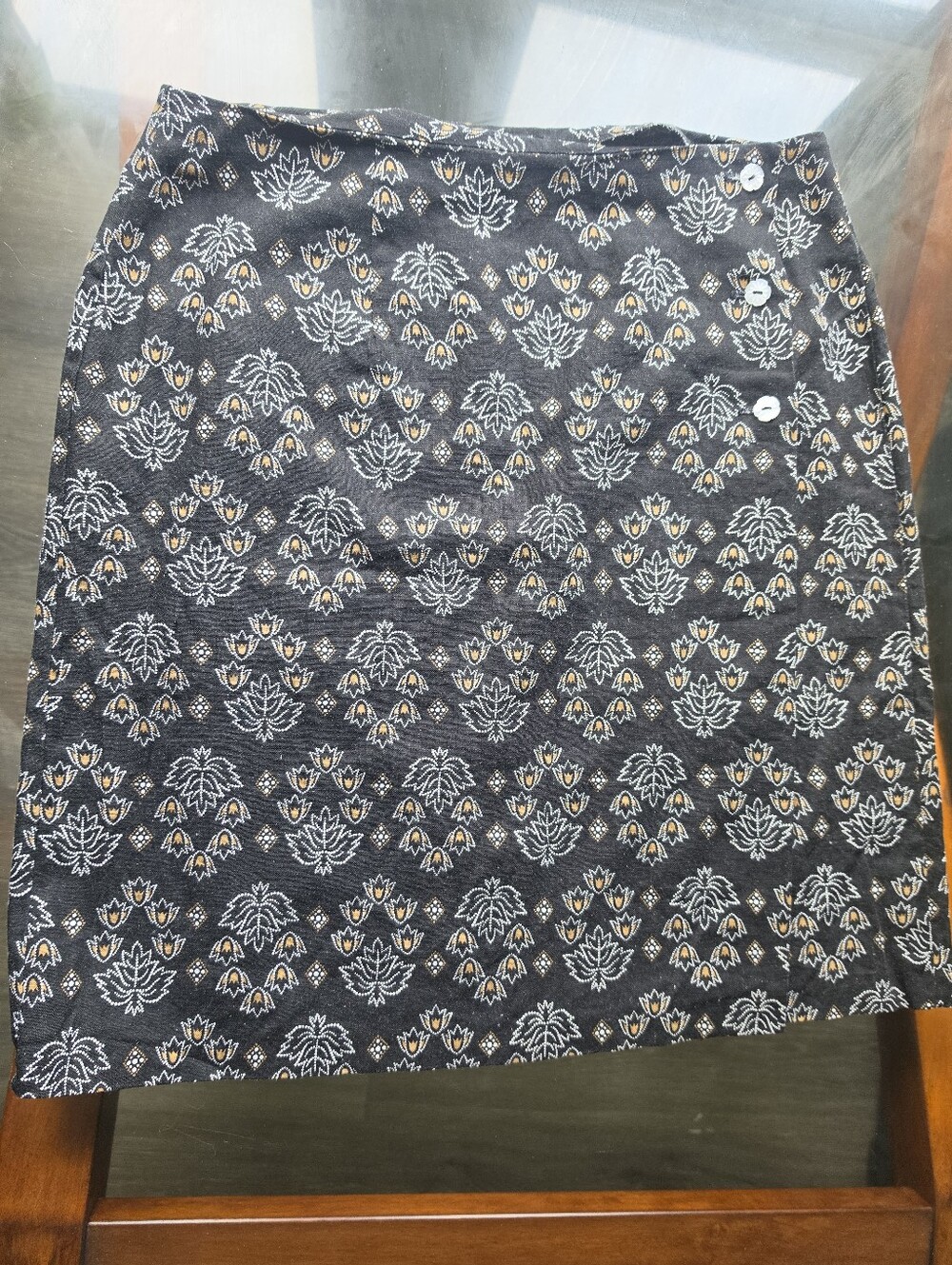 Coldwater Creek Black Mini Skirt with White and Gold Floral Motif